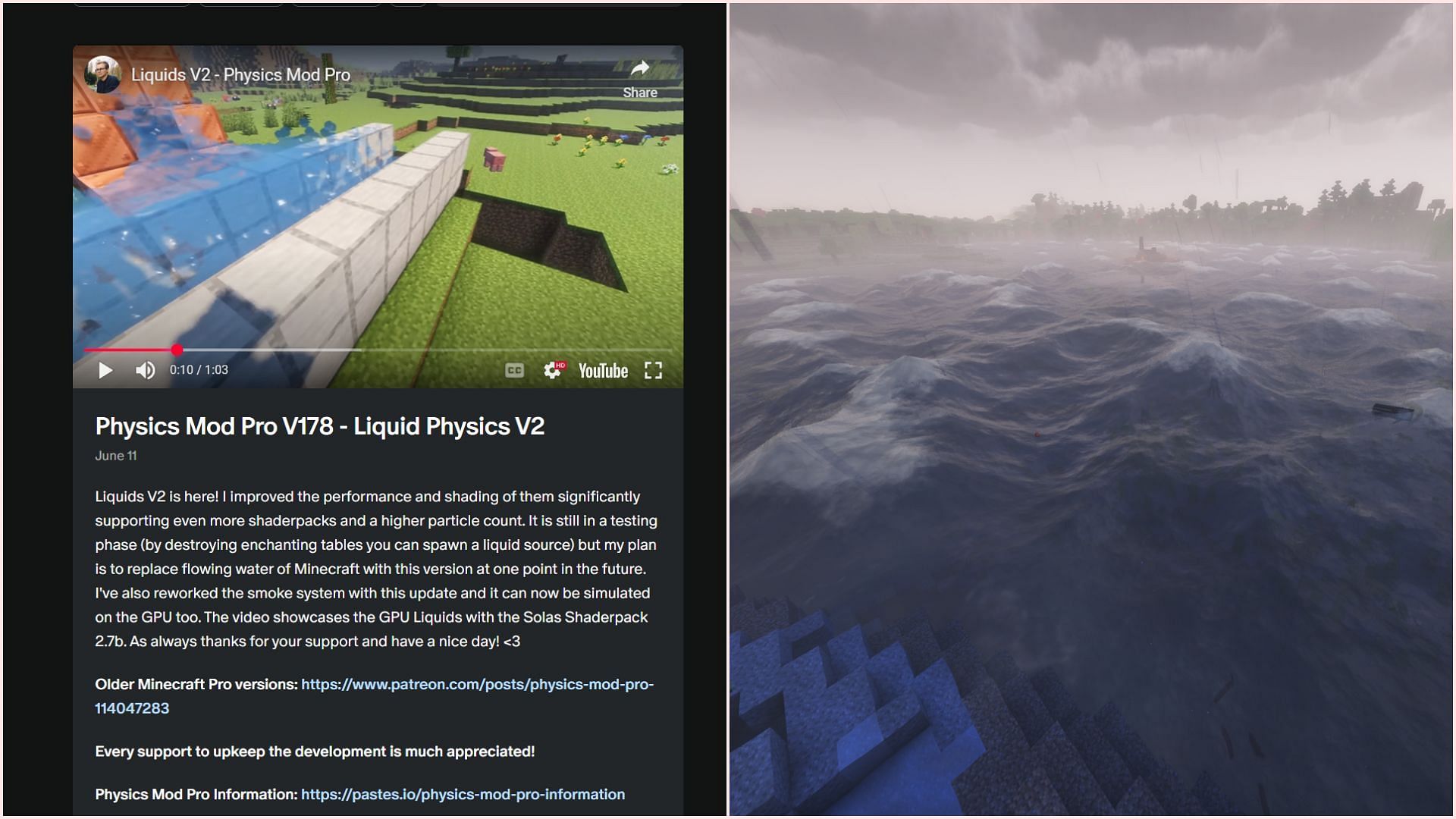 You can also install the Physics mod to get realistic water and ocean effects (Image via Patreon || Sportskeeda Gaming || Mojang Studios)